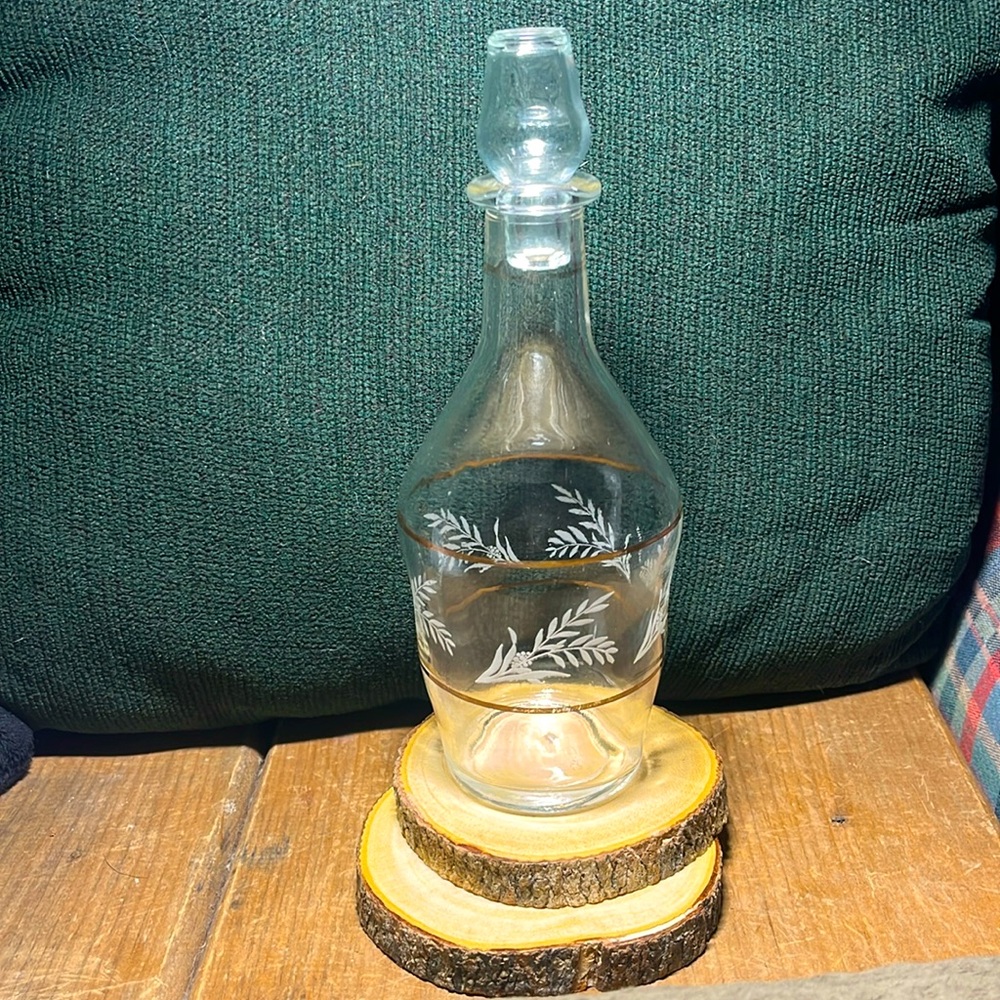 Vintage Glass Oil/Vinegar Cruet w Etched Olive Branch Design ~Made in Italy